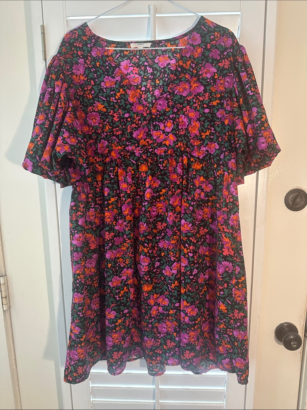Women’s Floral Smocked Waist Dress in Black with Pink & Orange Flowers Entro LG